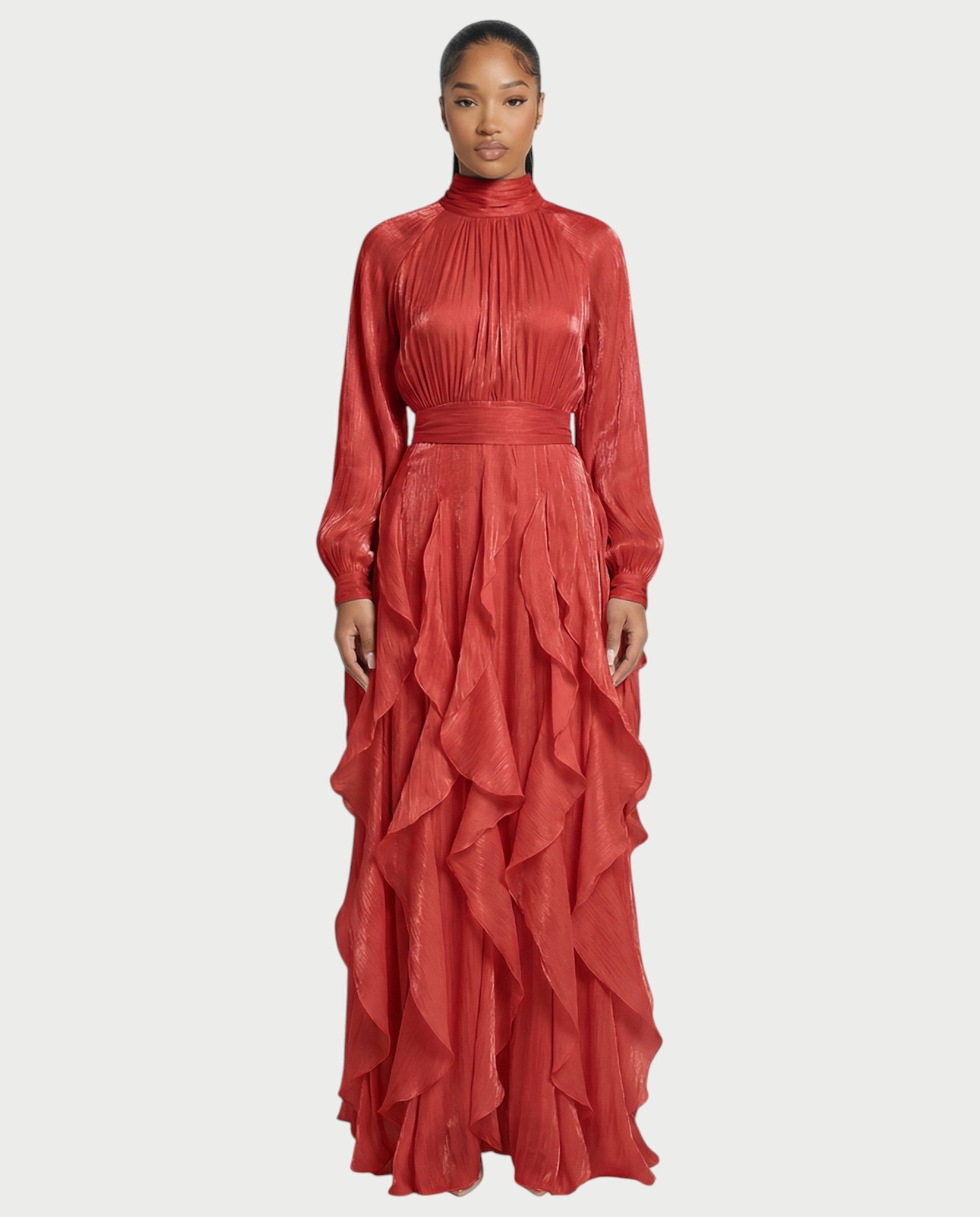 ELMA High-Neck Draped Ruffle Maxi Dress