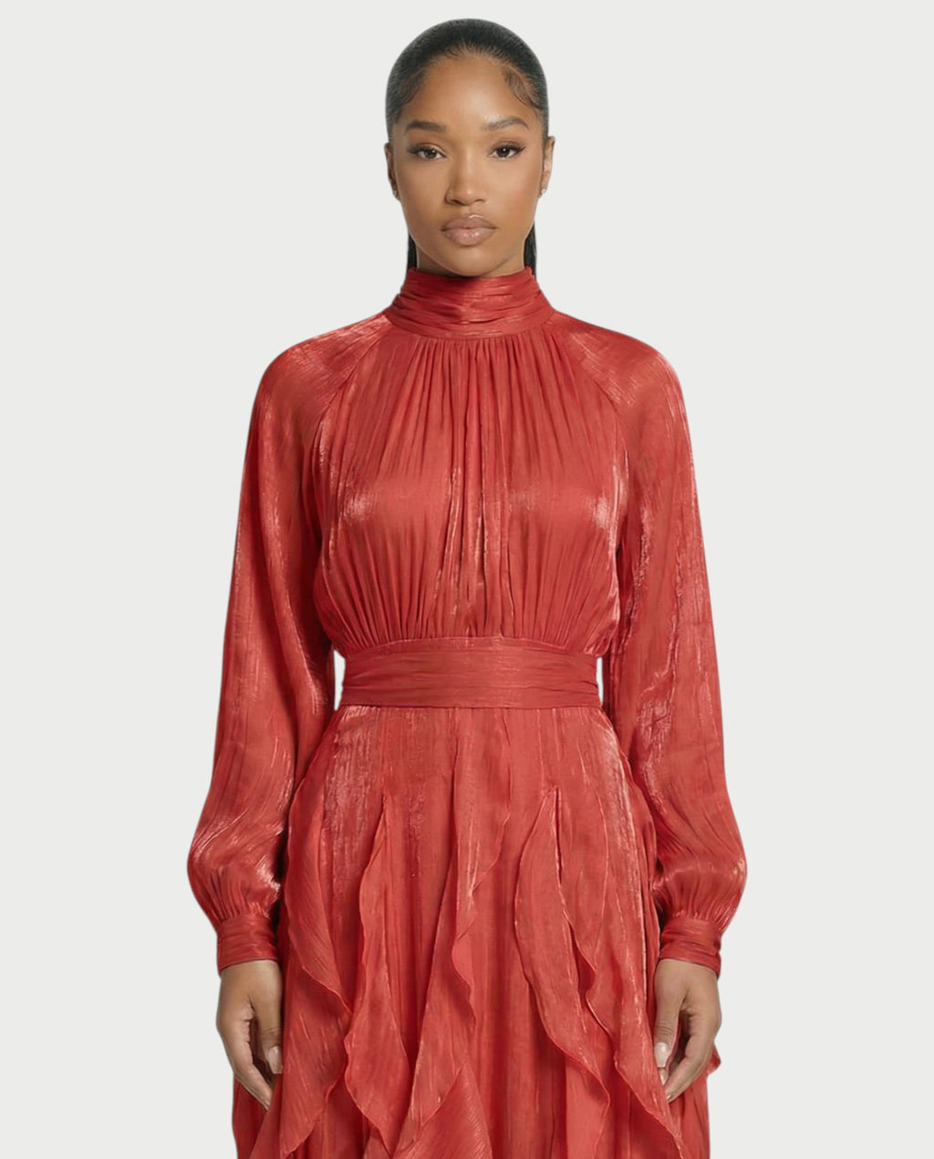 ELMA High-Neck Draped Ruffle Maxi Dress