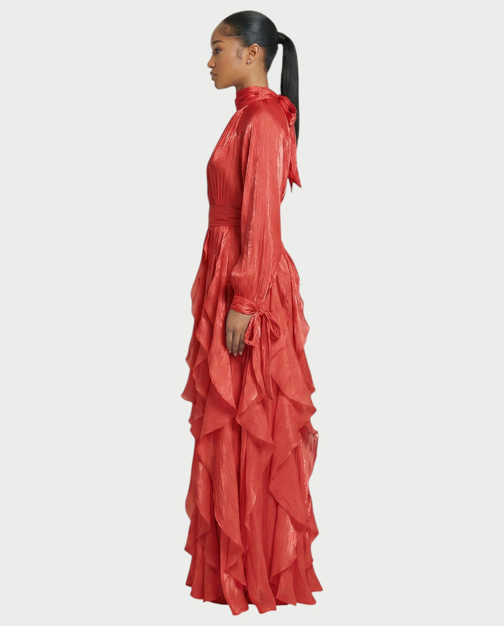 ELMA High-Neck Draped Ruffle Maxi Dress
