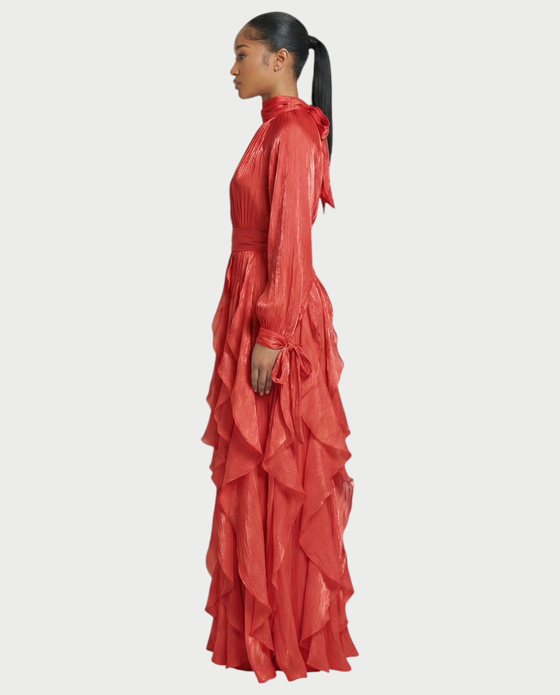 ELMA High-Neck Draped Ruffle Maxi Dress