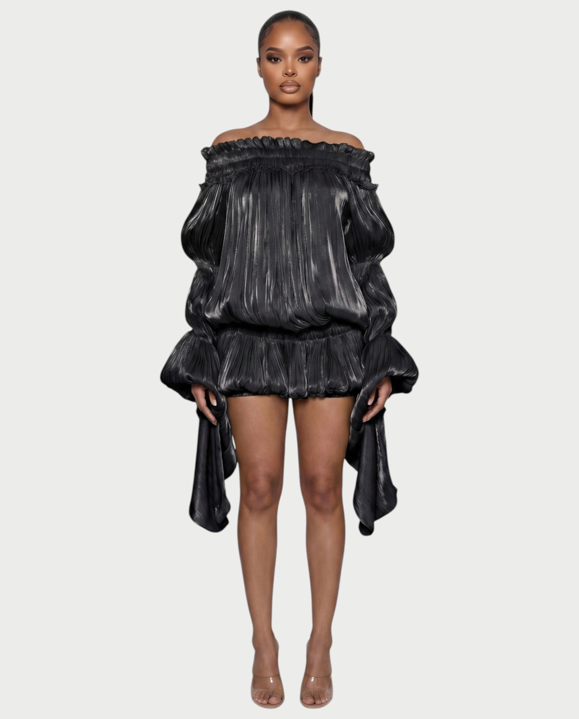 MORYA Off-Shoulder Ruffle Sheer Sleeve Mini Dress