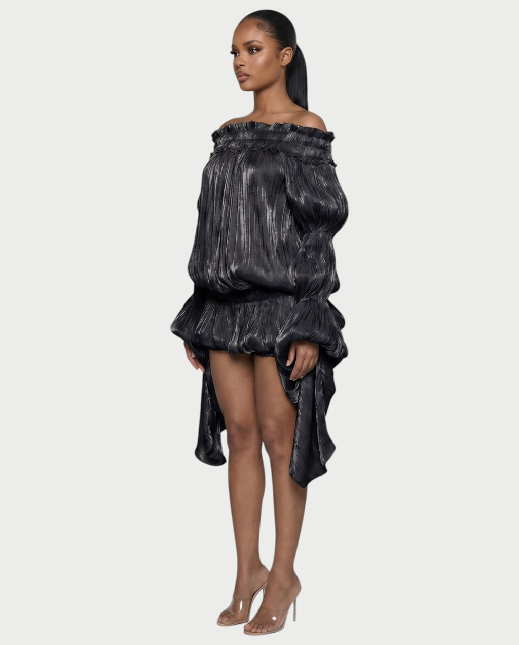 MORYA Off-Shoulder Ruffle Sheer Sleeve Mini Dress