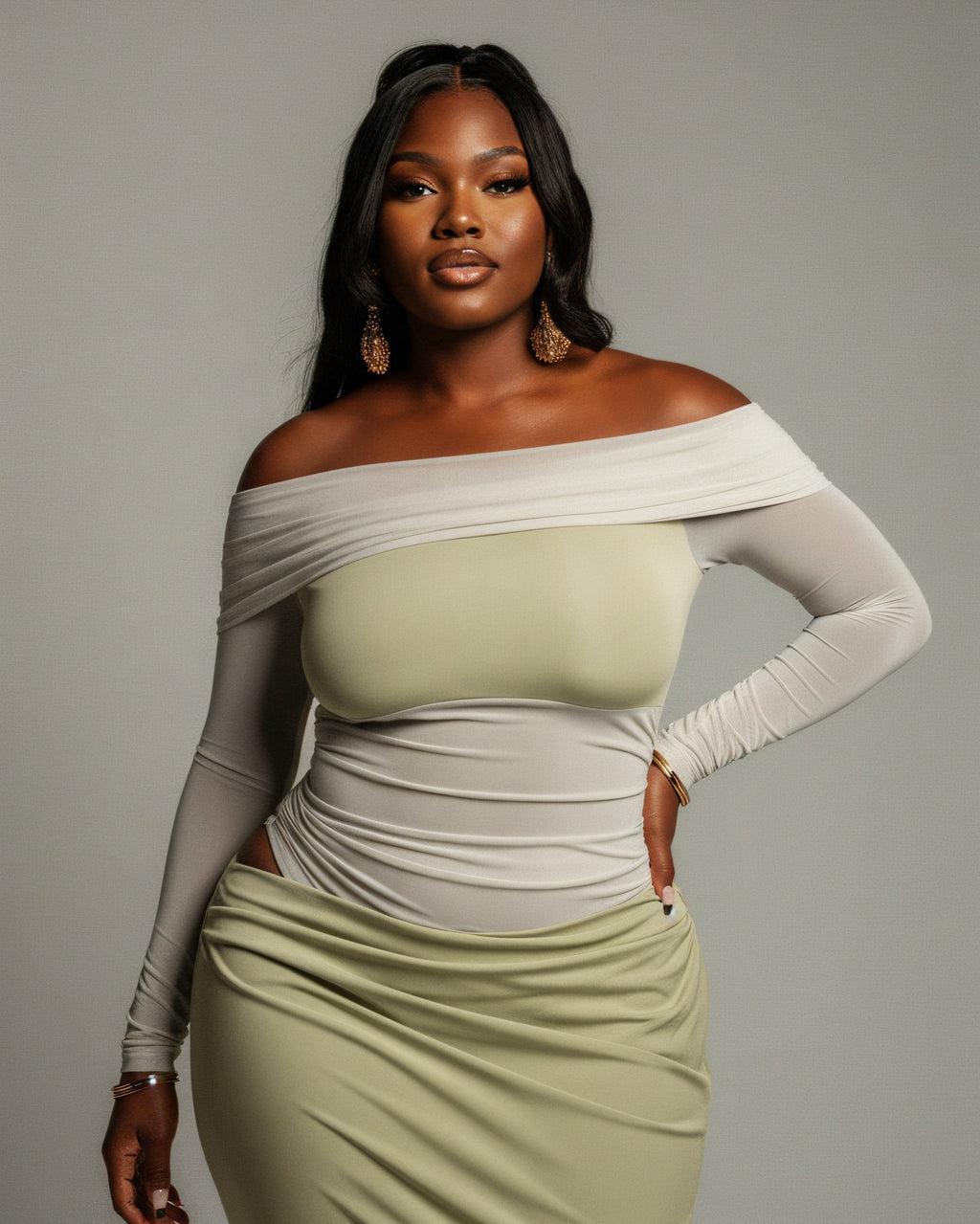 SHAINA Mesh Contrast Draped Maxi Dress