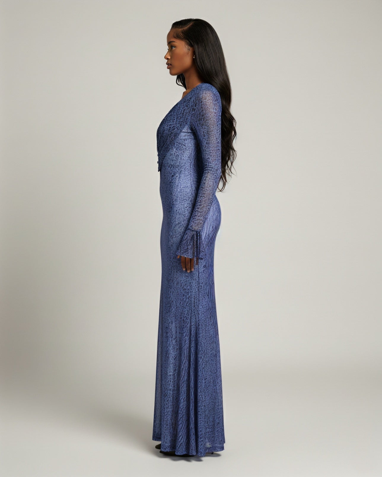 NALYA Draped V-Neck Leopard Mesh Maxi Dress