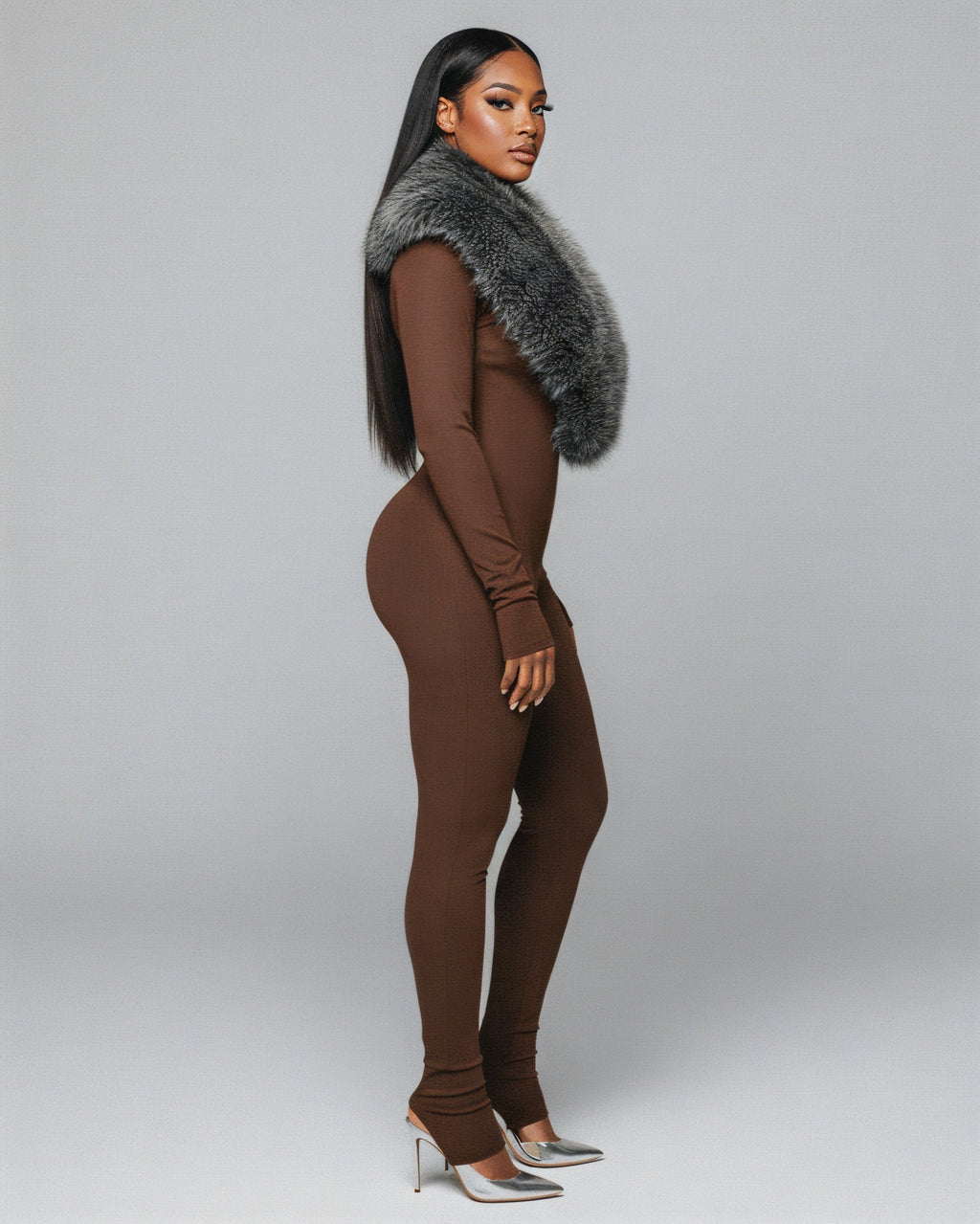 VARINA Faux Fur Collar Ribbed Jumpsuit