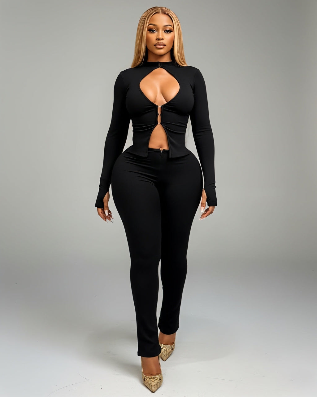 VIANNE Keyhole Cutout Top & Zip-Front Pant Set
