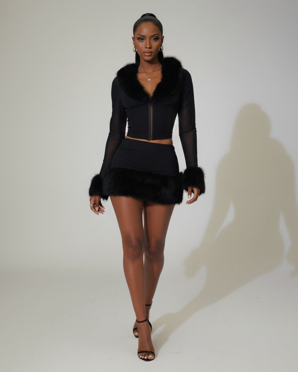 LISANA Faux-Fur Top & Mini Skirt Set