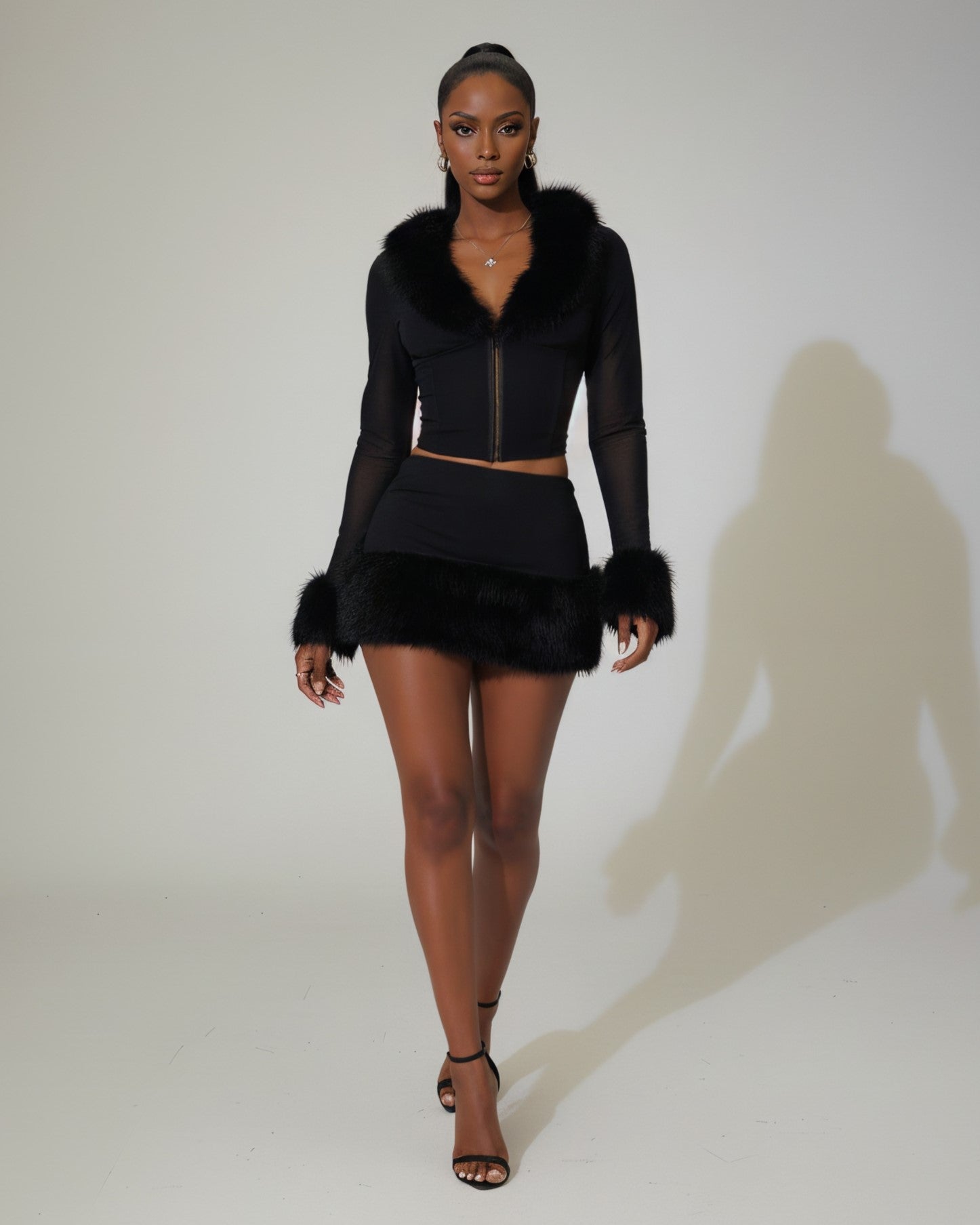 LISANA Faux-Fur Top & Mini Skirt Set