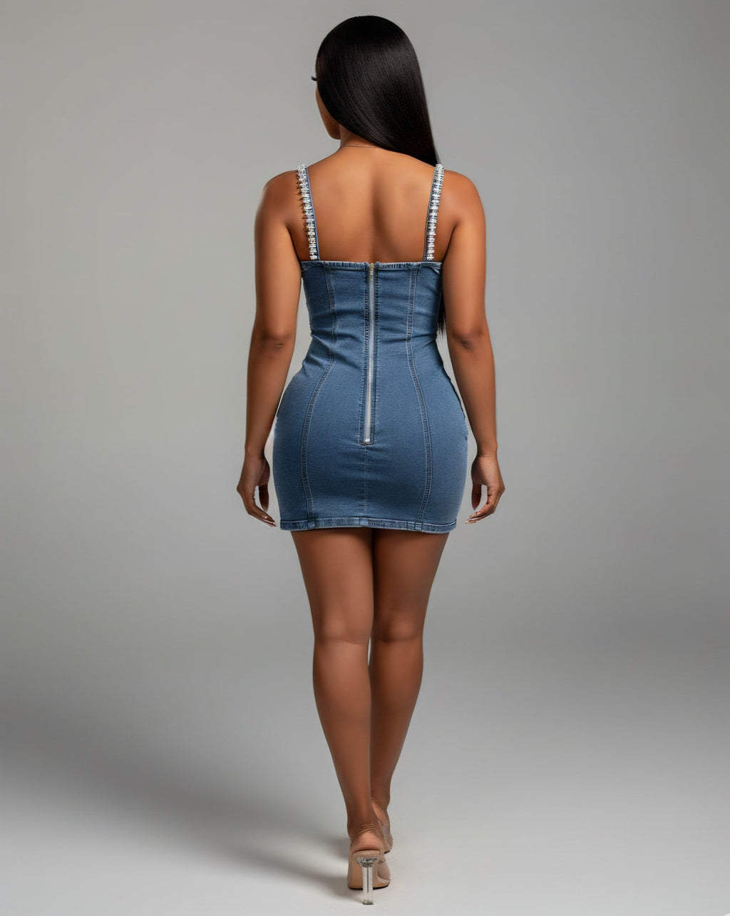 COSETTE Embellished Trim Denim Bodycon Mini Dress