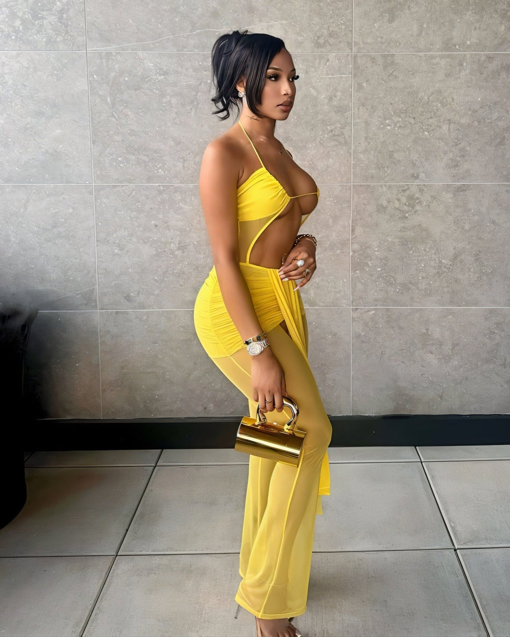 JEMMA Mesh Cutout Drape Jumpsuit