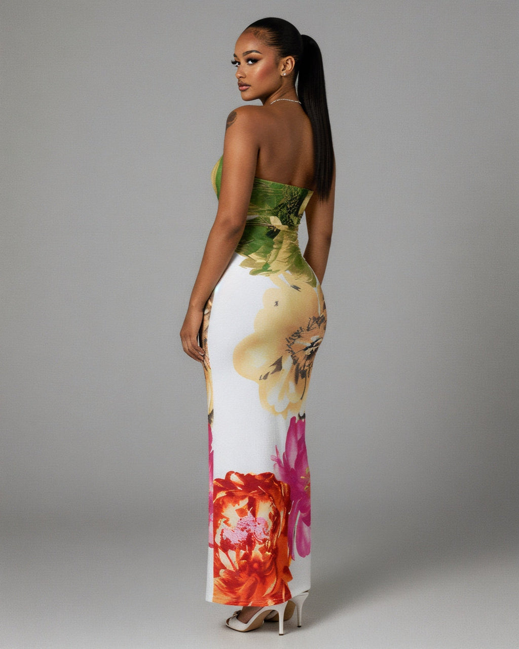 LYCA Floral Print Strapless Maxi Dress