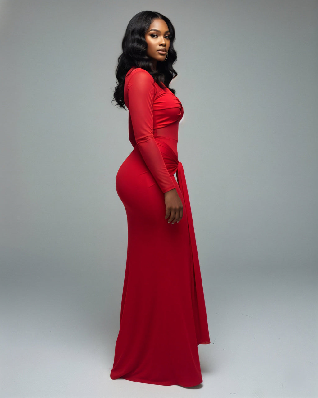 VALEYA Mesh Panel Tie-Front Maxi Dress