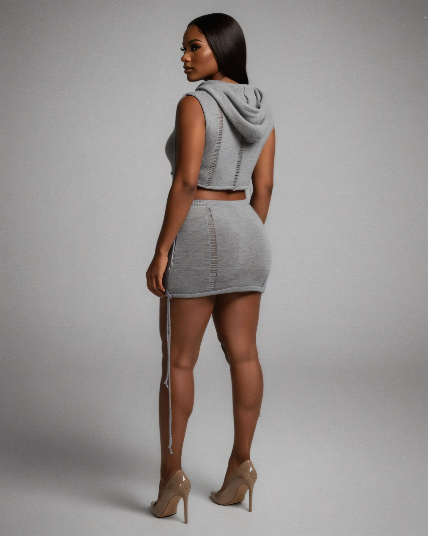 YESSA Knit Hooded Crop Top & Lace-Up Mini Skirt Set