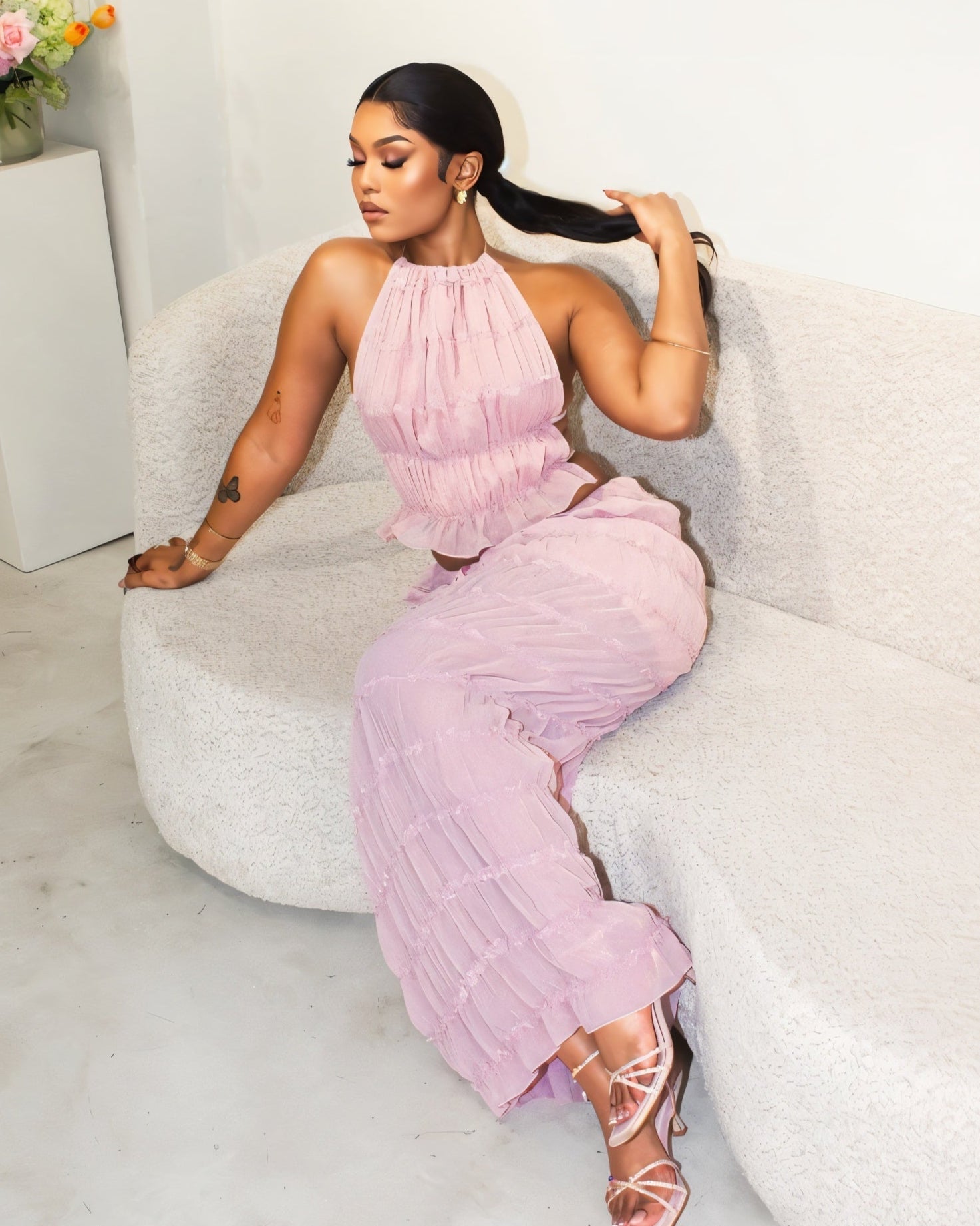 CHRISTINE Sheer Ruched Halter Top and Maxi Skirt Set