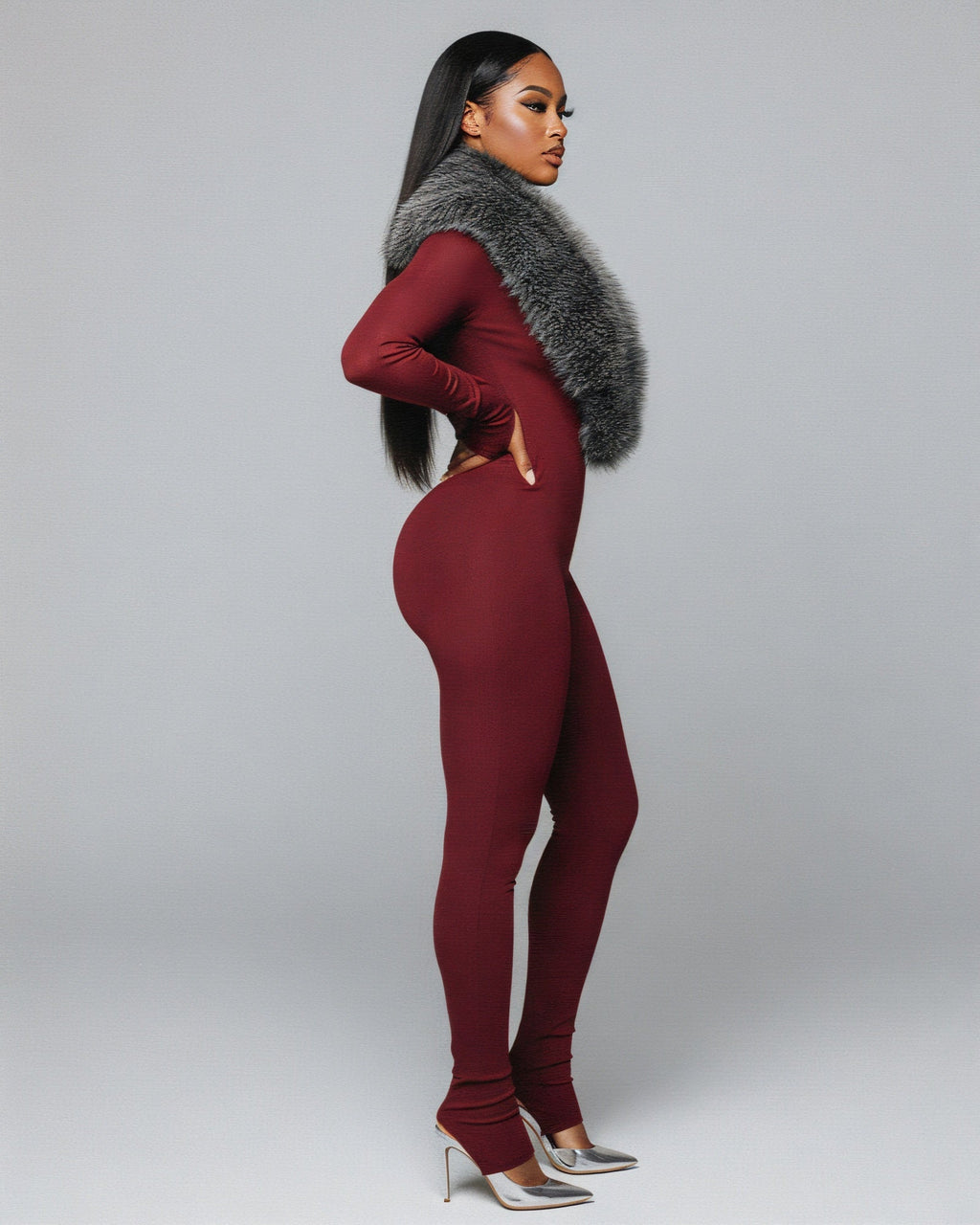 VARINA Faux Fur Collar Ribbed Jumpsuit