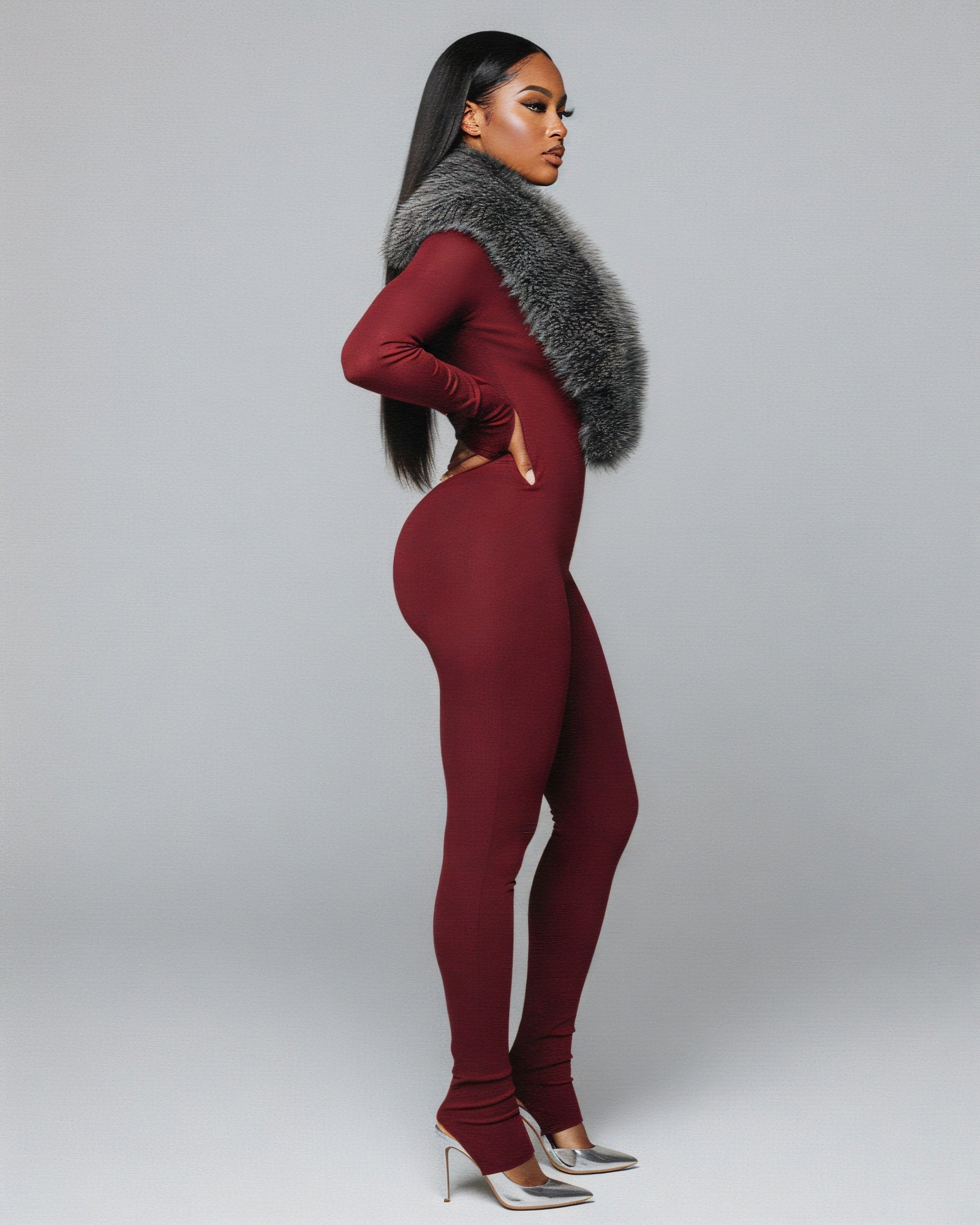 VARINA Faux Fur Collar Ribbed Jumpsuit