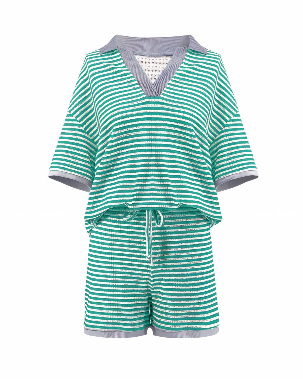 OLENNA Striped Knit Oversized Top & Drawstring Short Set