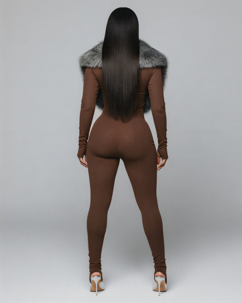 VARINA Faux Fur Collar Ribbed Jumpsuit