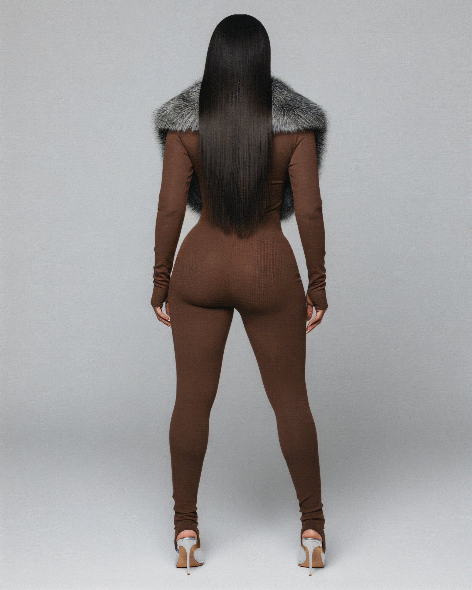 VARINA Faux Fur Collar Ribbed Jumpsuit
