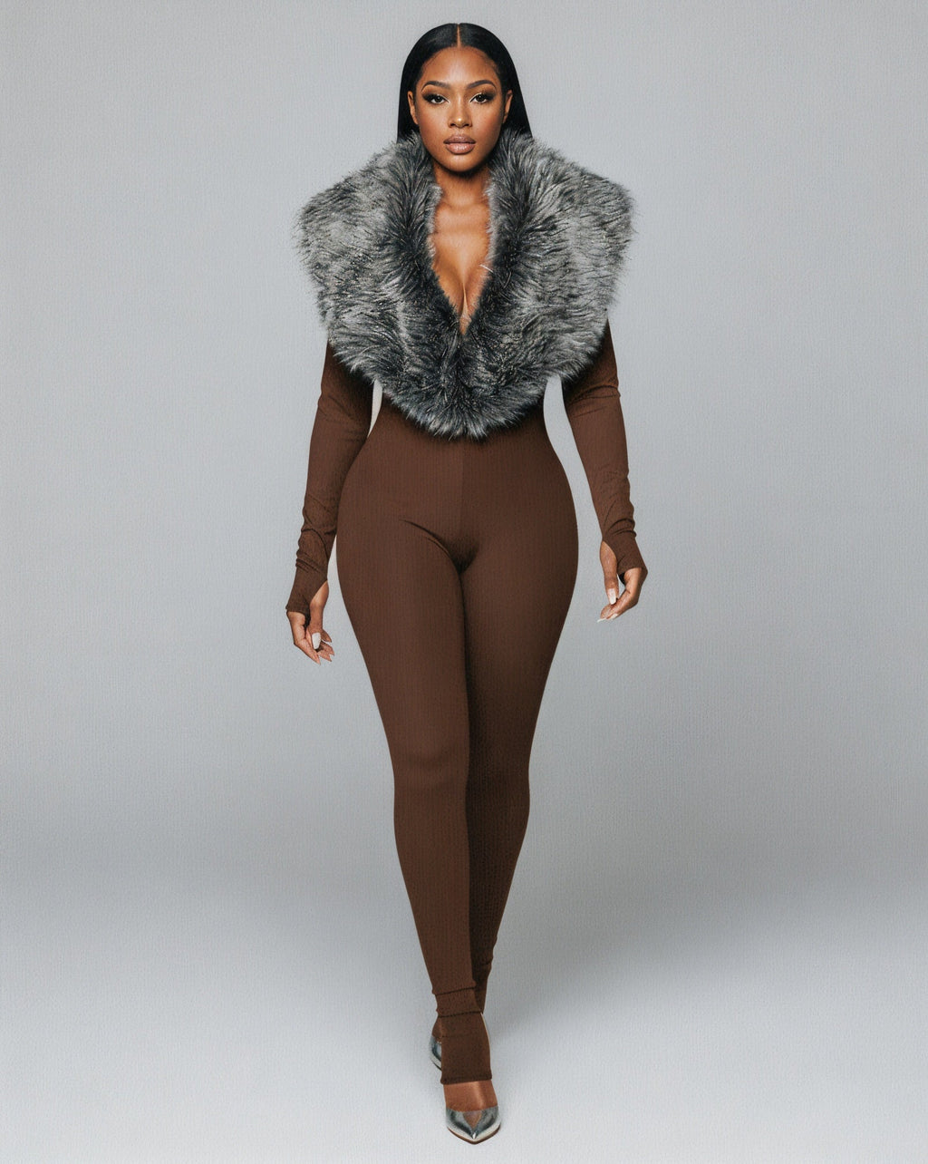 VARINA Faux Fur Collar Ribbed Jumpsuit