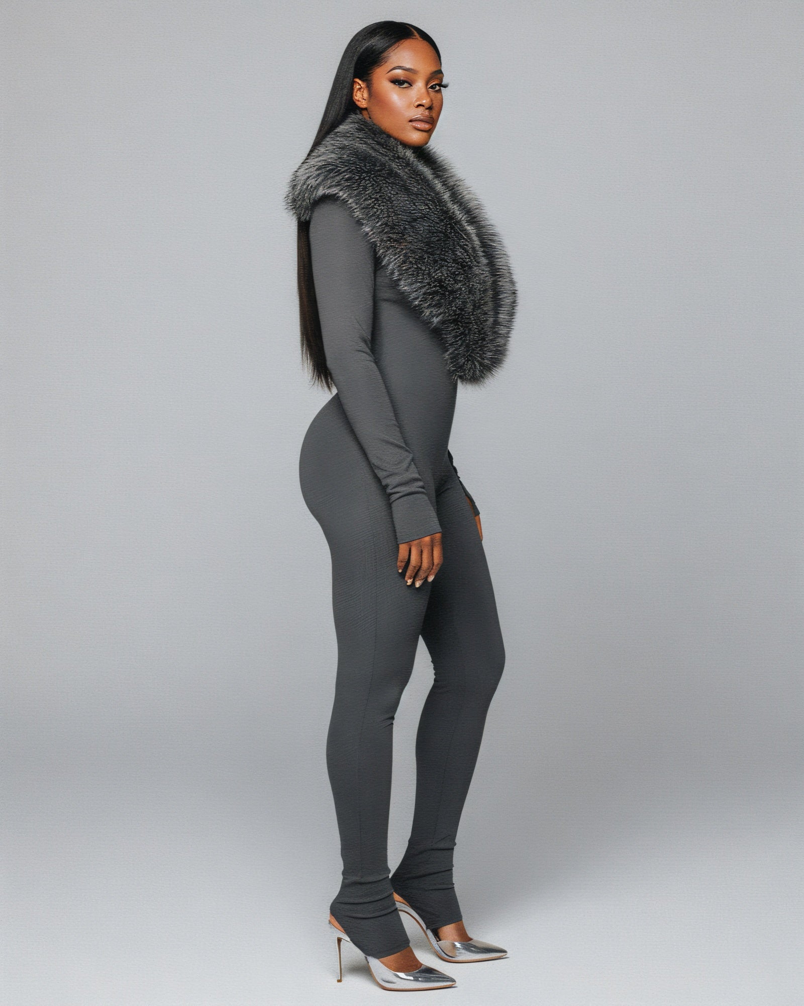 VARINA Faux Fur Collar Ribbed Jumpsuit