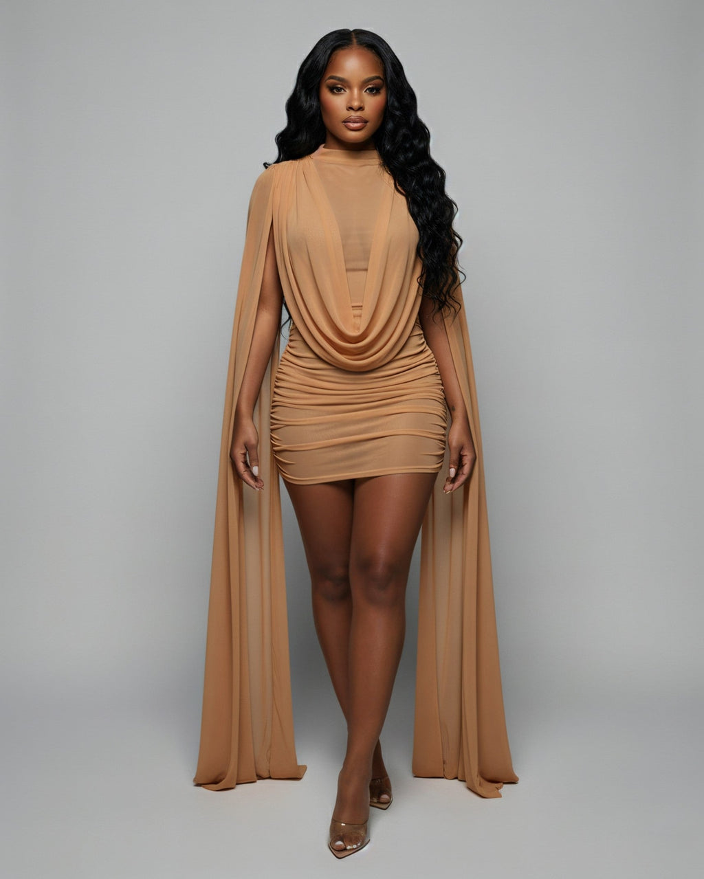 WAYONA High-Neck Mesh Draped Mini Dress
