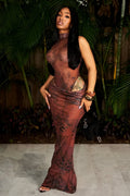 CLARINE Leopard Print Mesh High Neck Bodysuit & Maxi Skirt Set