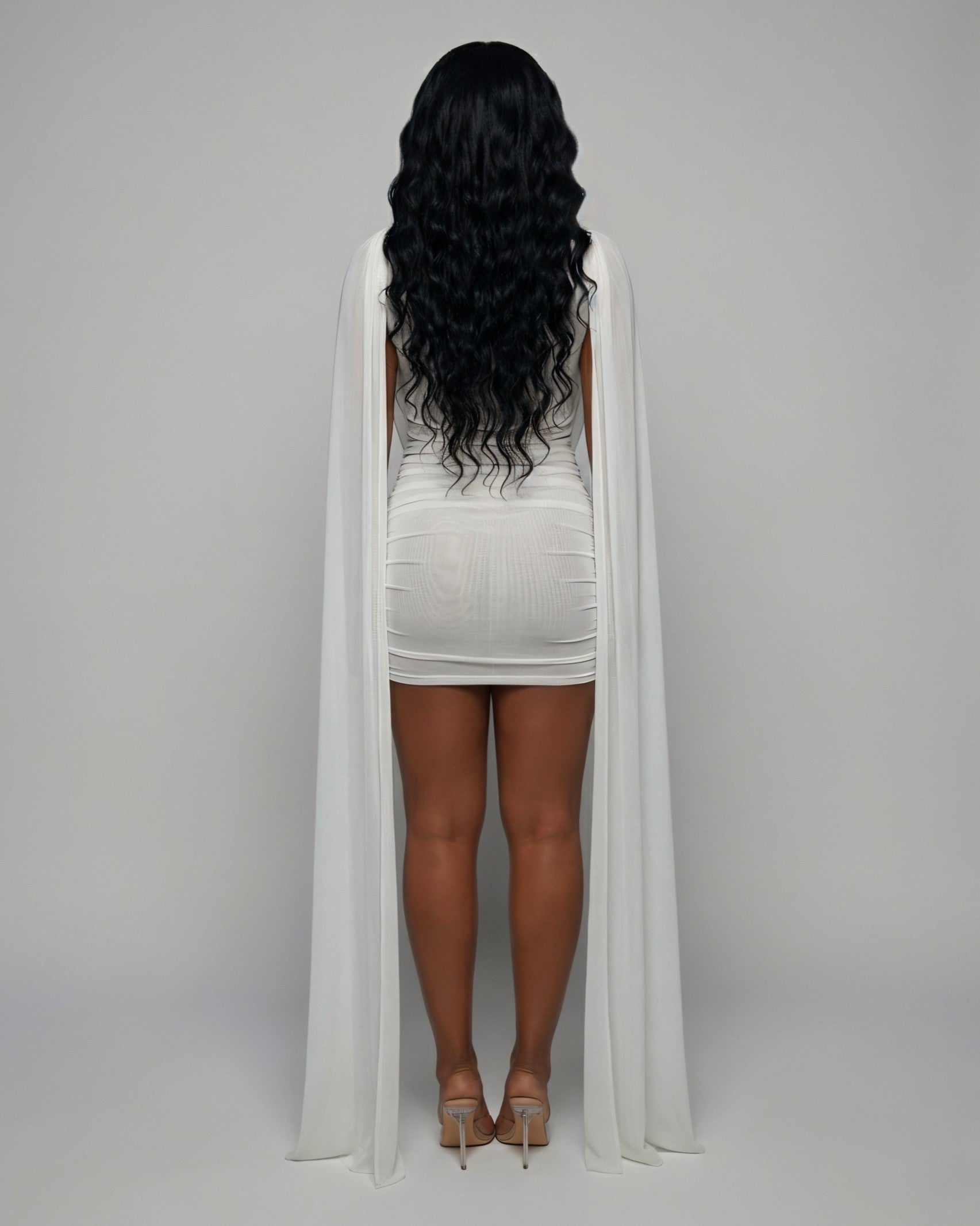 WAYONA High-Neck Mesh Draped Mini Dress