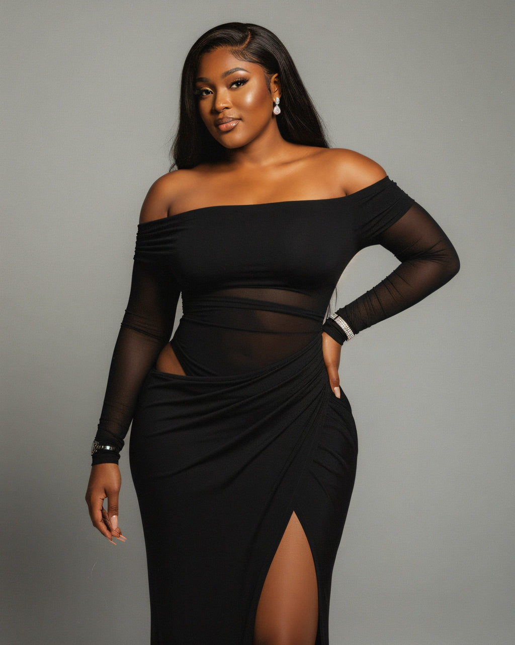 SHAINA Mesh Contrast Draped Maxi Dress