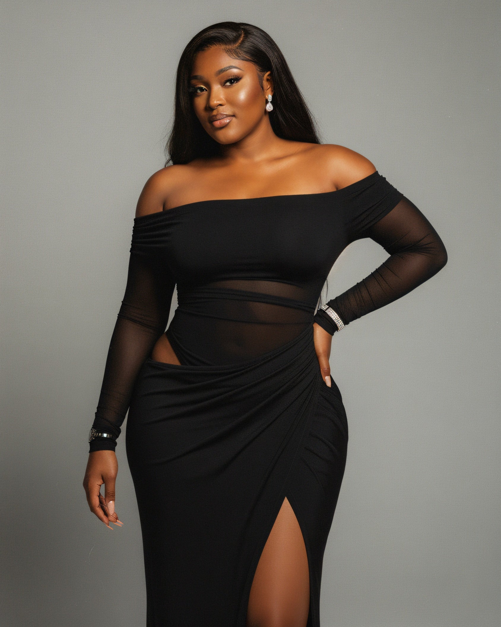SHAINA Mesh Contrast Draped Maxi Dress