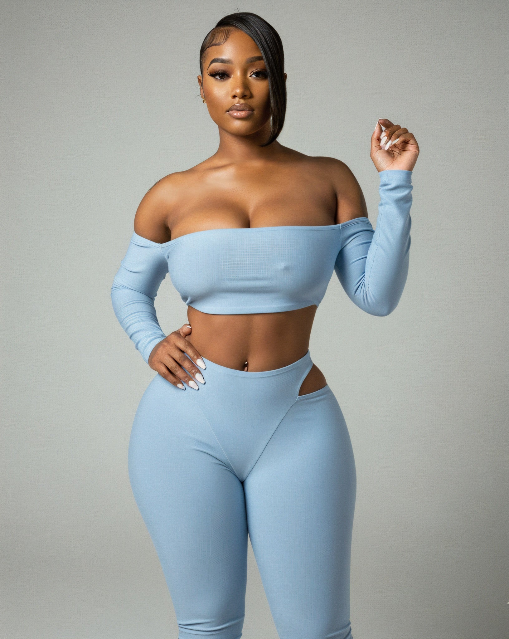 ELOWEN Off-shoulder Long Sleeve Top & Cutout Pants Set