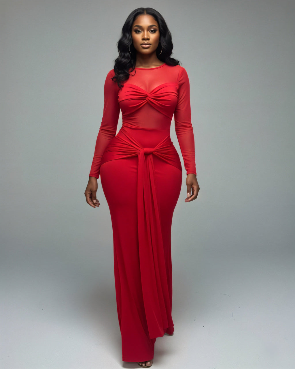VALEYA Mesh Panel Tie-Front Maxi Dress