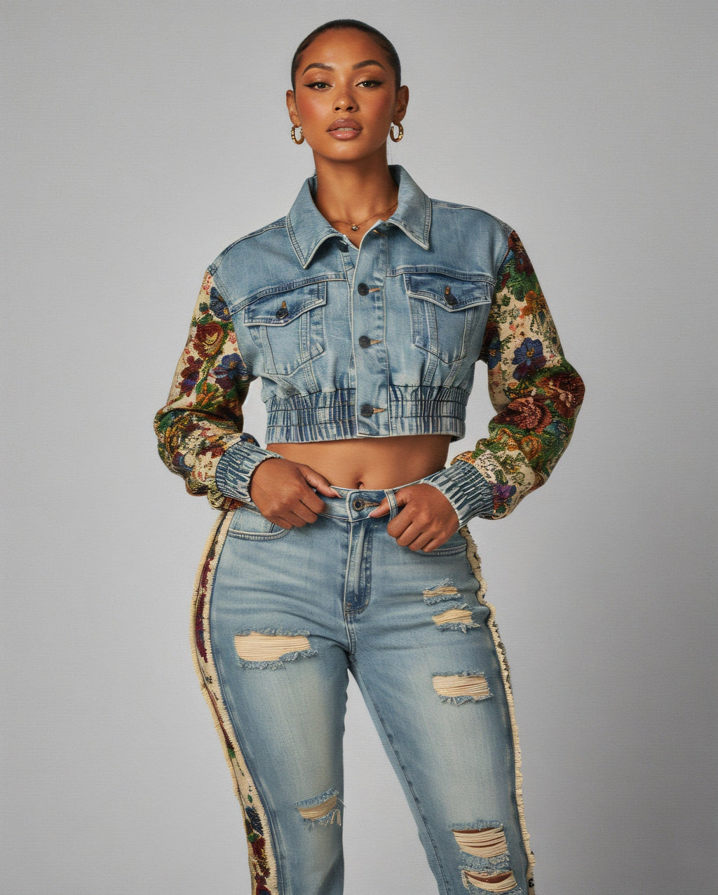 SHAY Denim Tapestry Cropped Jacket & Pant Set