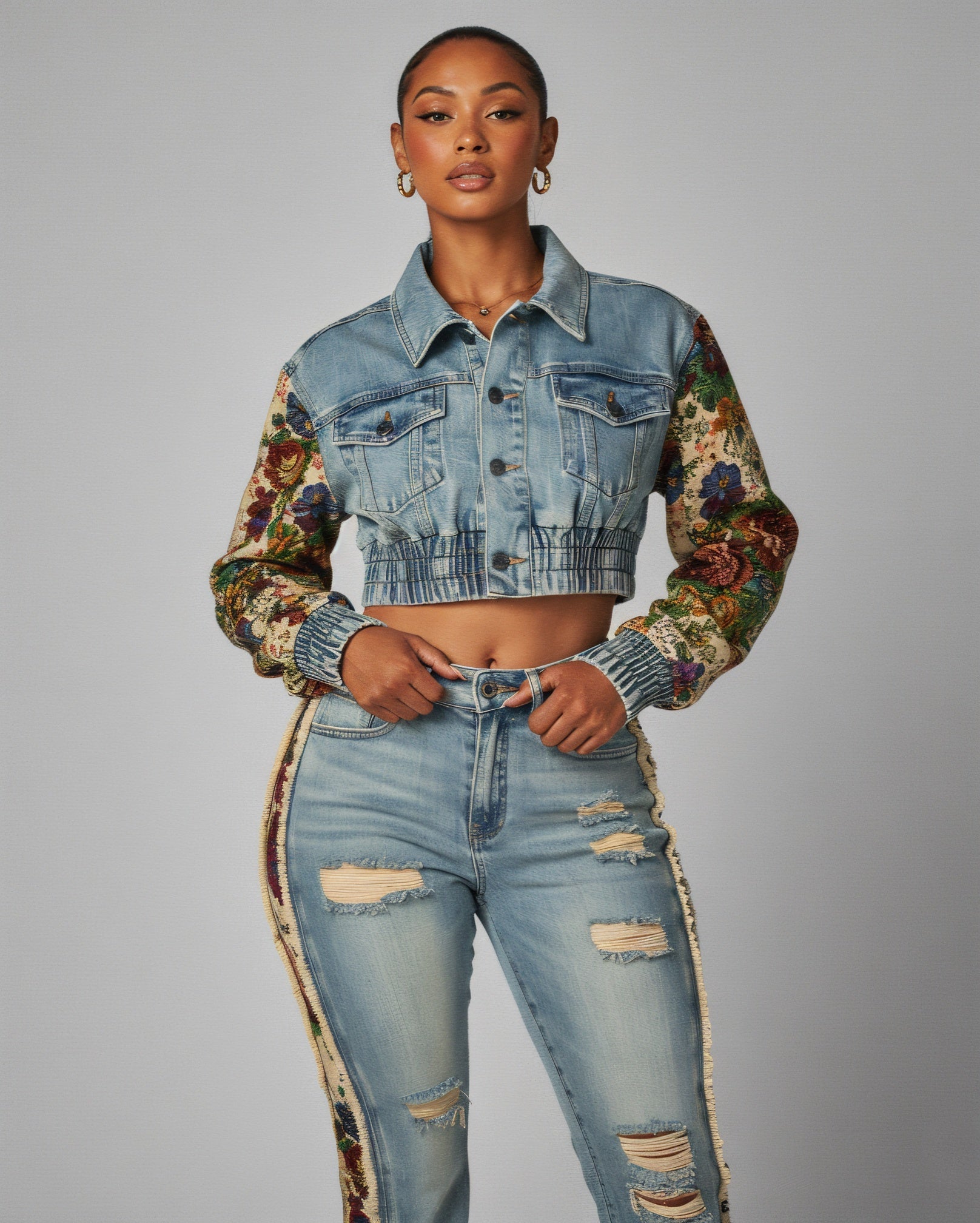 SHAY Denim Tapestry Cropped Jacket & Pant Set