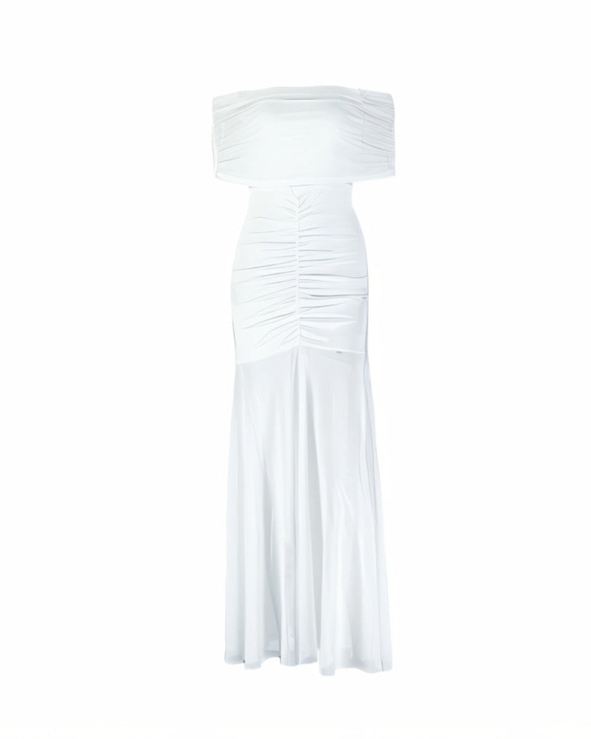 CALYRA Off-Shoulder Layered Mesh Maxi Dress