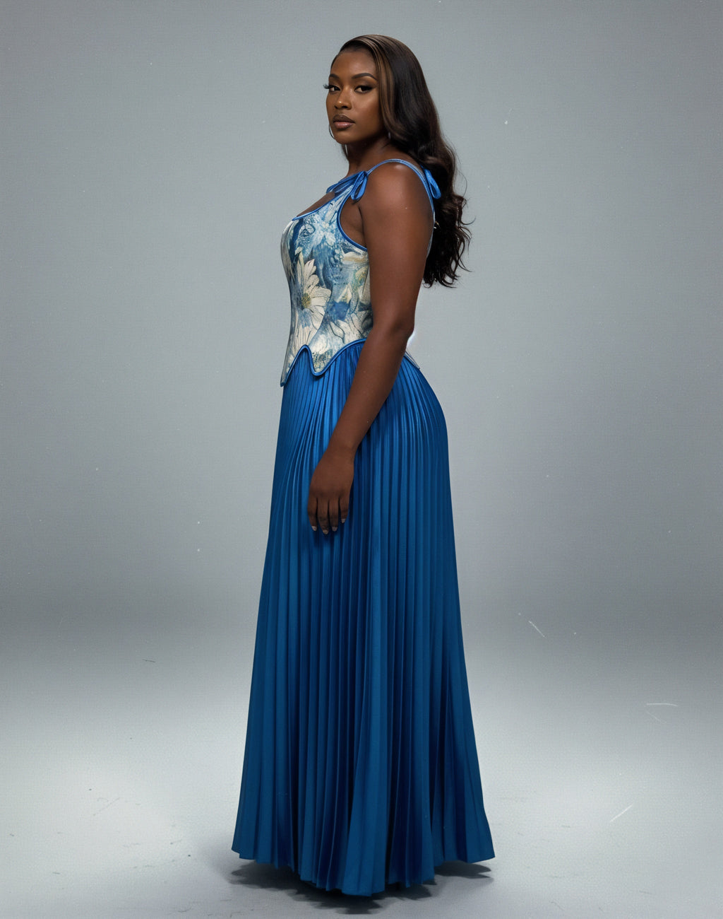 MASINA Floral Print Corset & Pleated Maxi Skirt Set