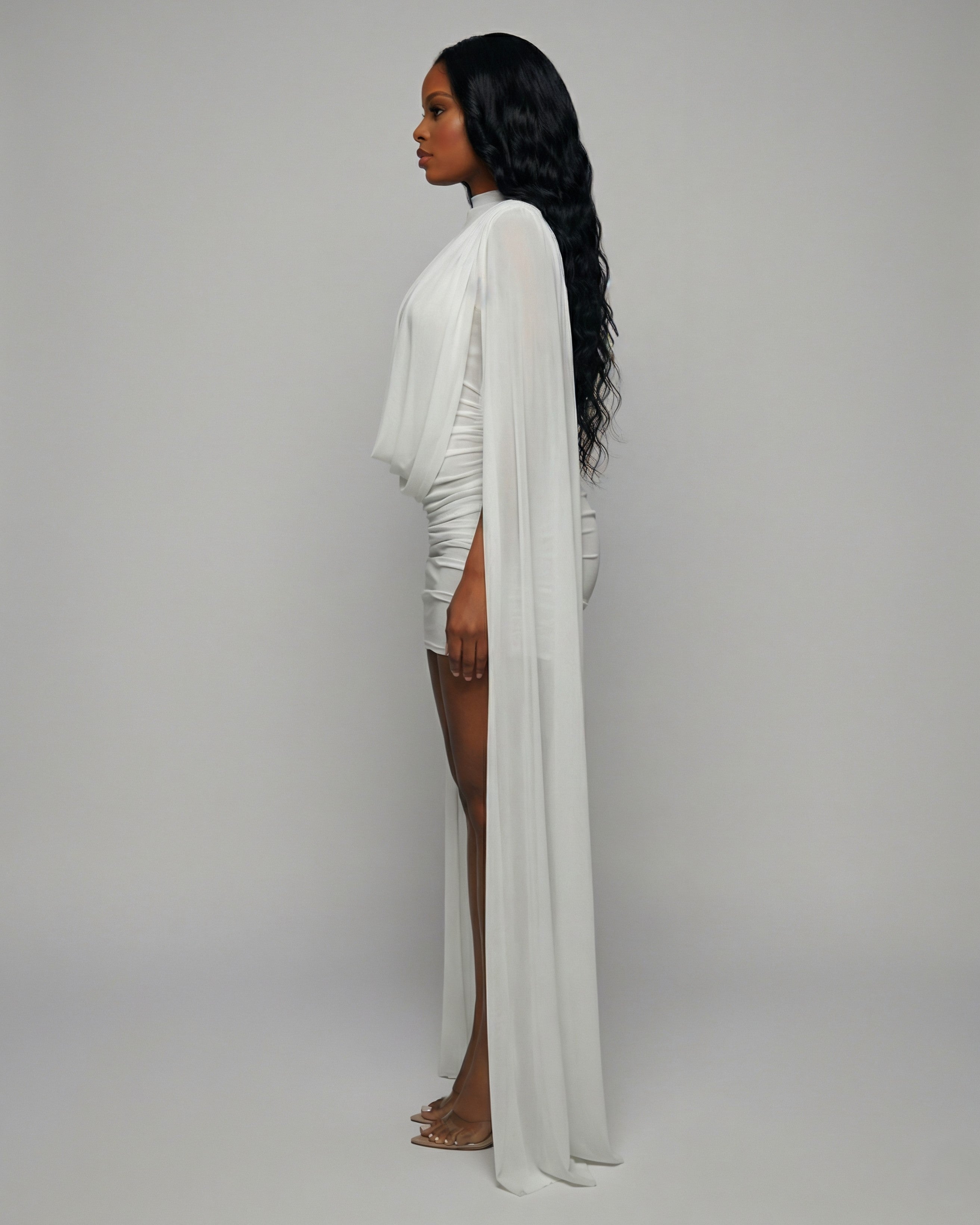WAYONA High-Neck Mesh Draped Mini Dress