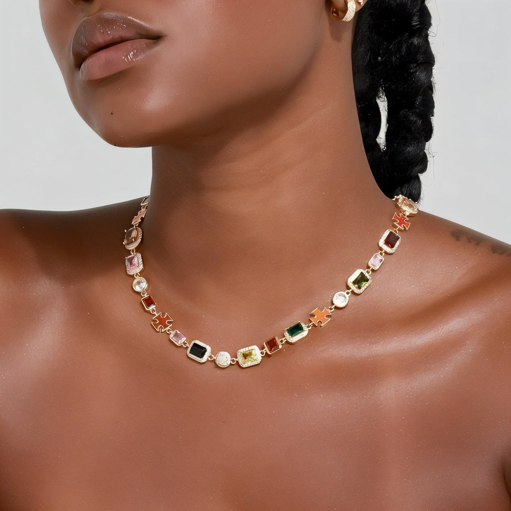Gold Plated Zircon Colored Rhinestone Necklace