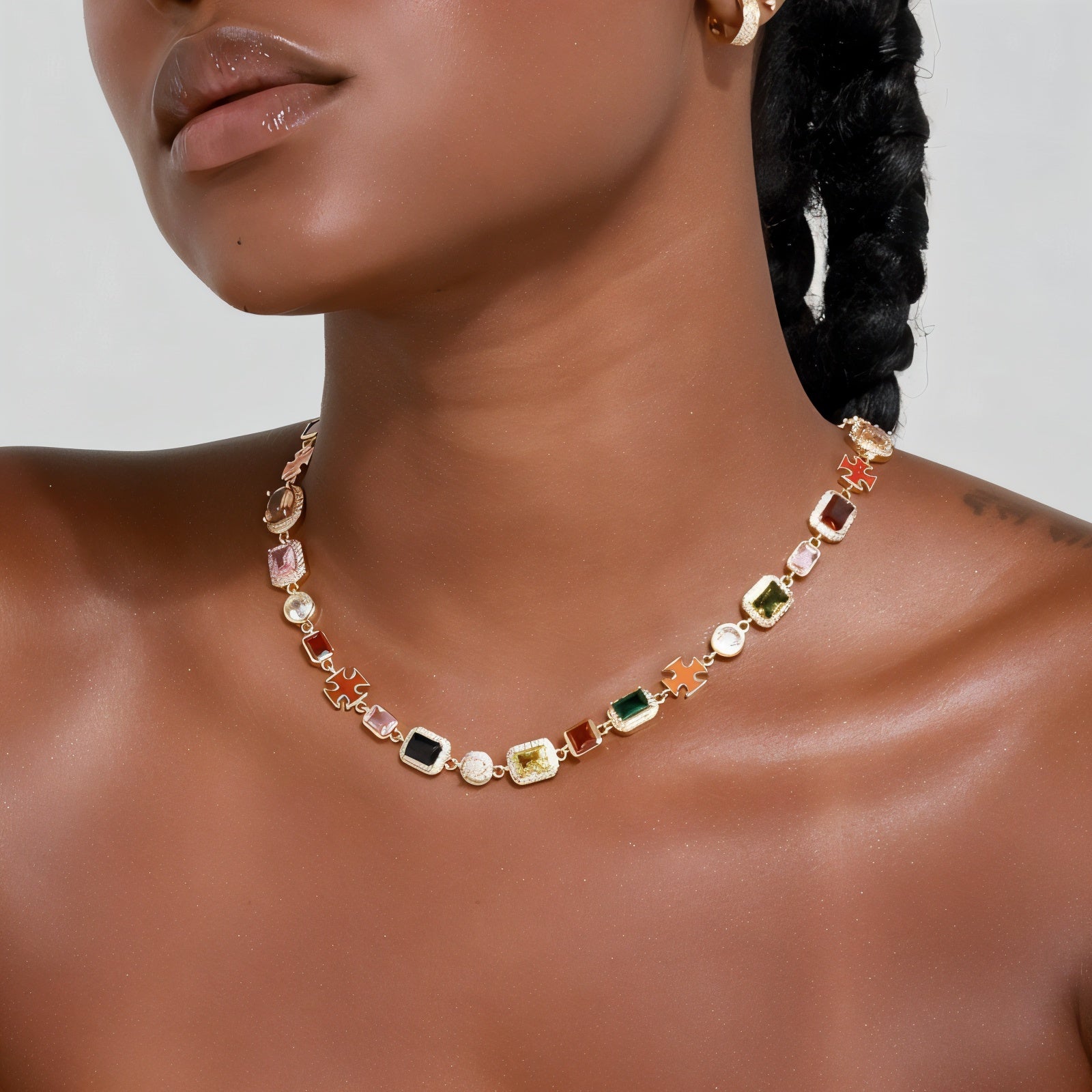 Gold Plated Zircon Colored Rhinestone Necklace