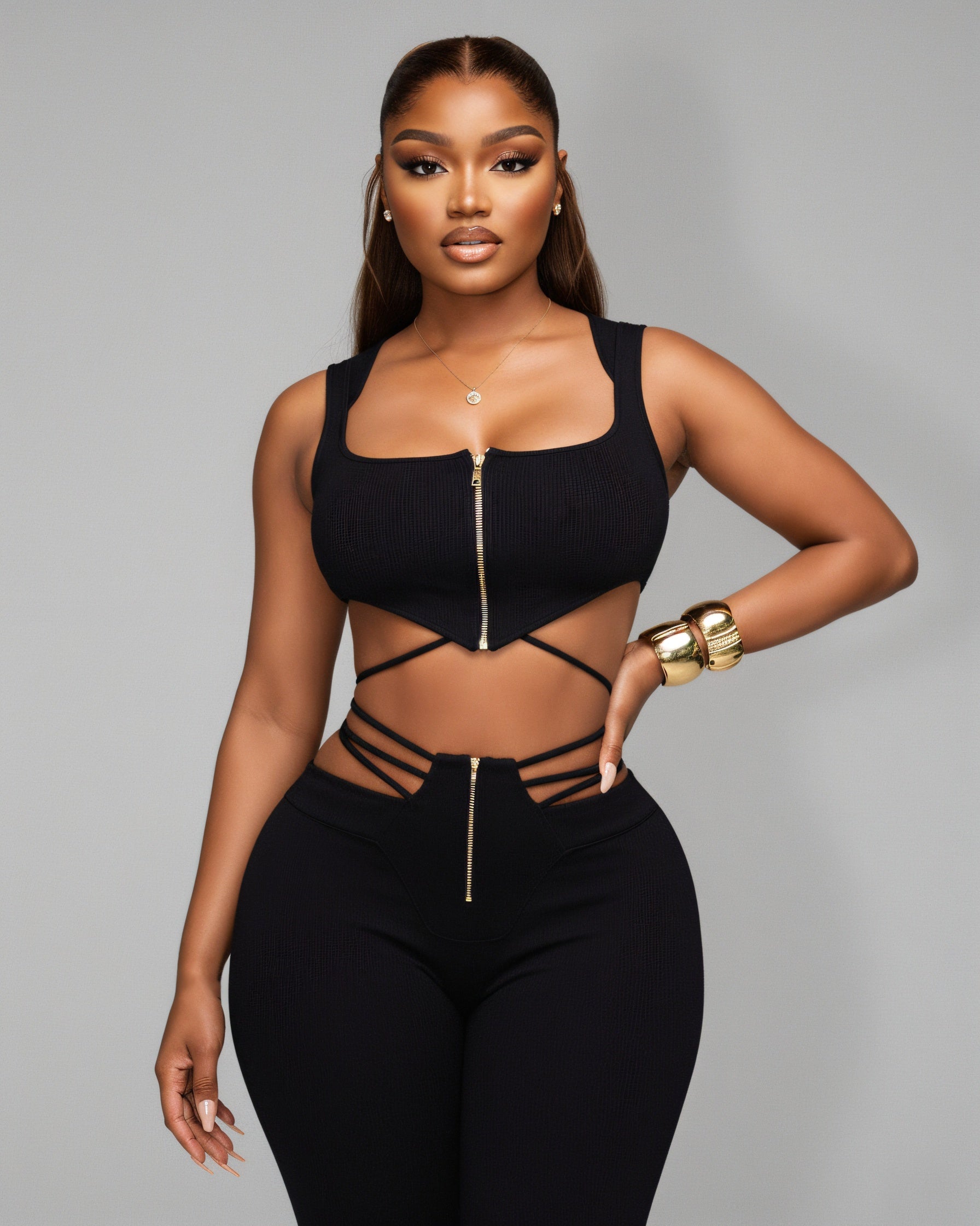 YUNA Ribbed Zip-up Top & Strappy Cutout Pants Set