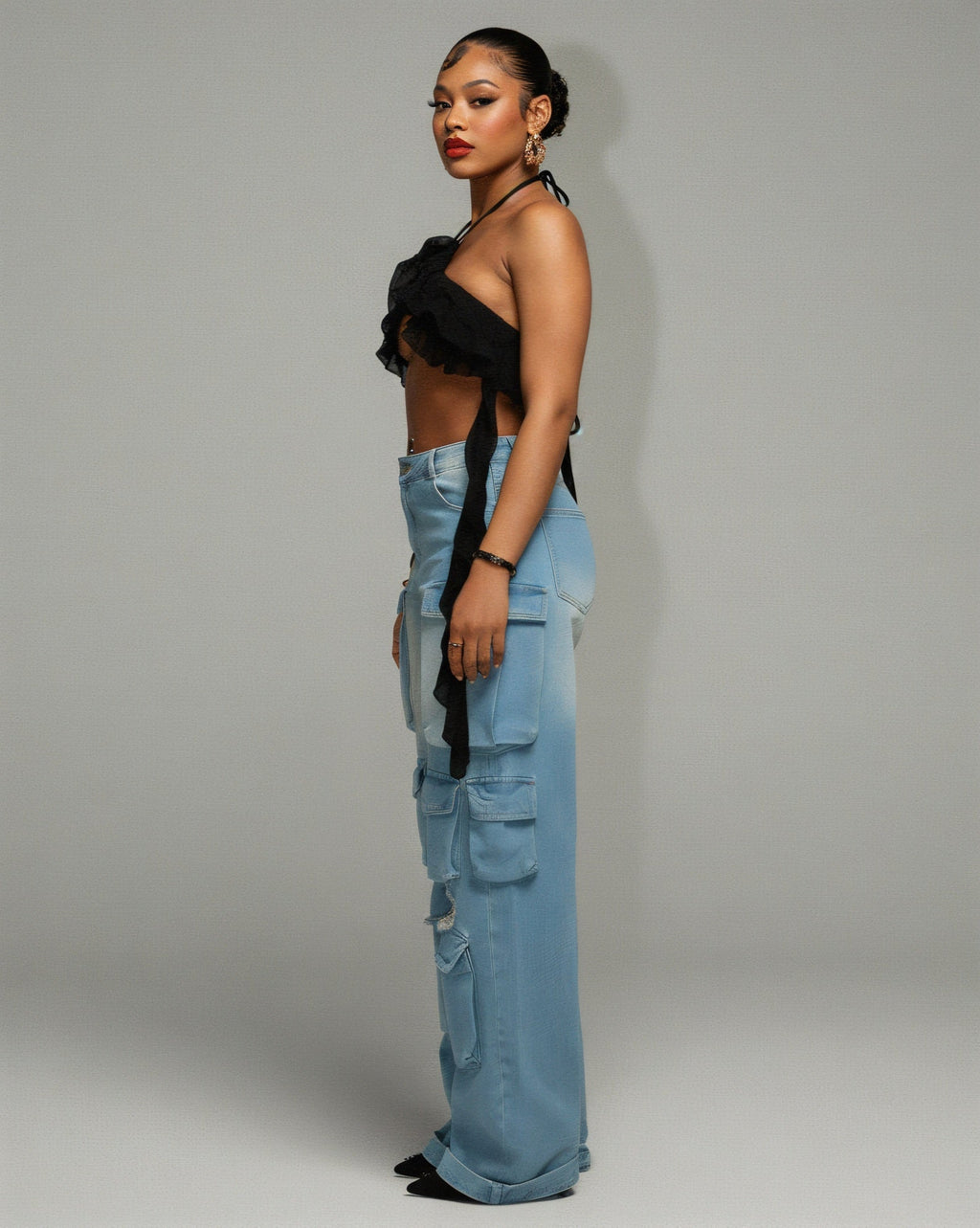INGRID Denim Ripped Cargo Pants