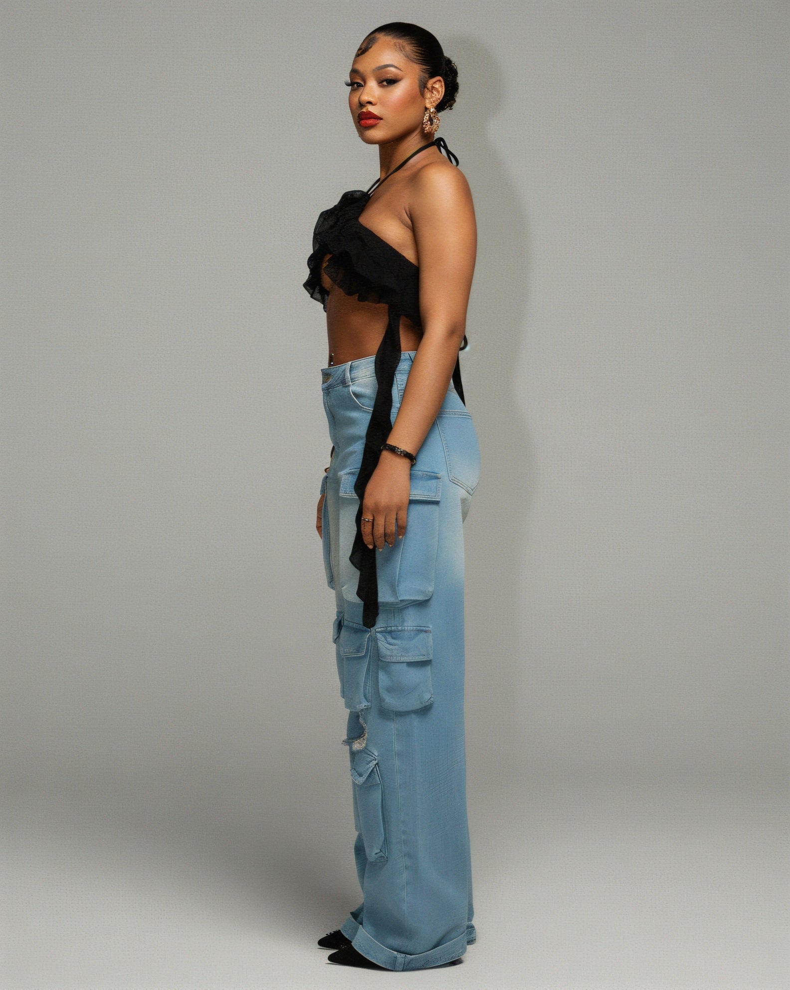INGRID Denim Ripped Cargo Pants
