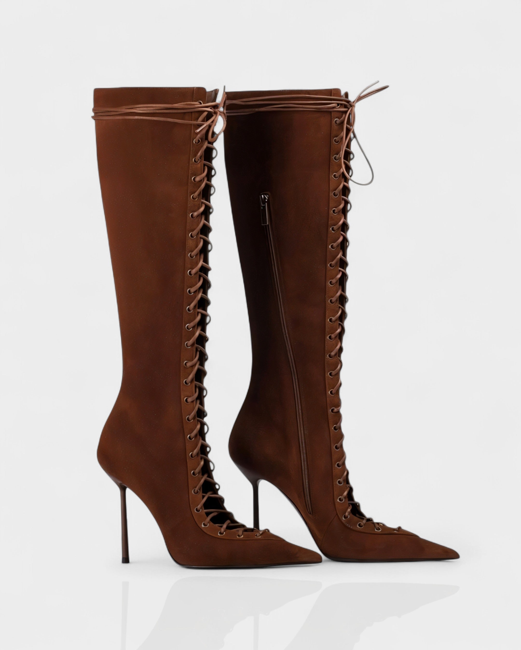 ESCAS Lace-Up Faux Suede Knee-High Stiletto Boots