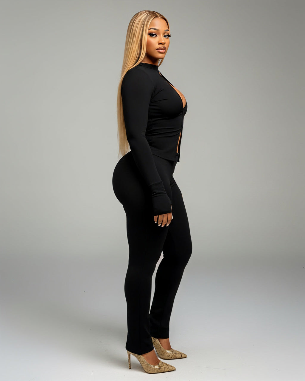 VIANNE Keyhole Cutout Top & Zip-Front Pant Set