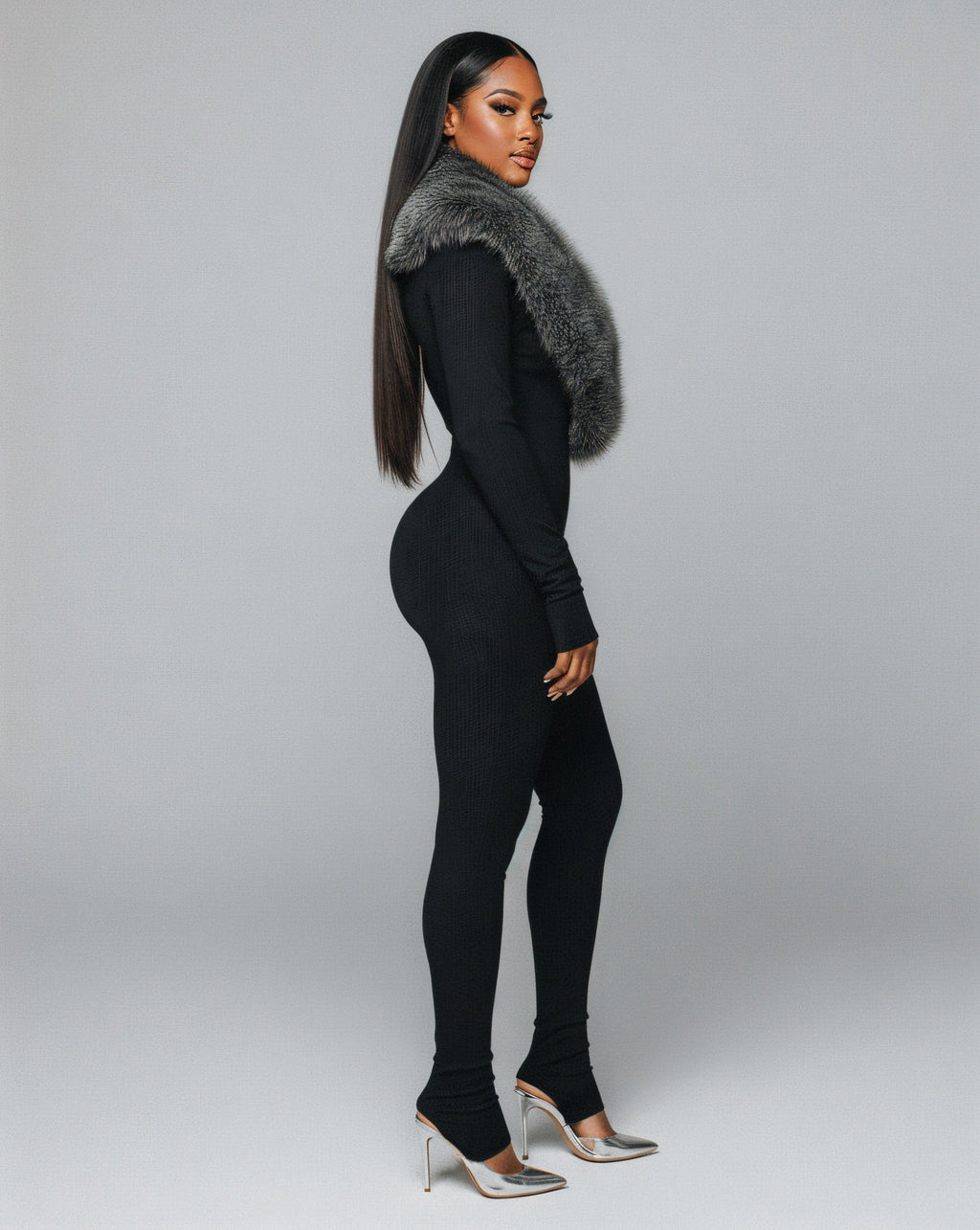 VARINA Faux Fur Collar Ribbed Jumpsuit
