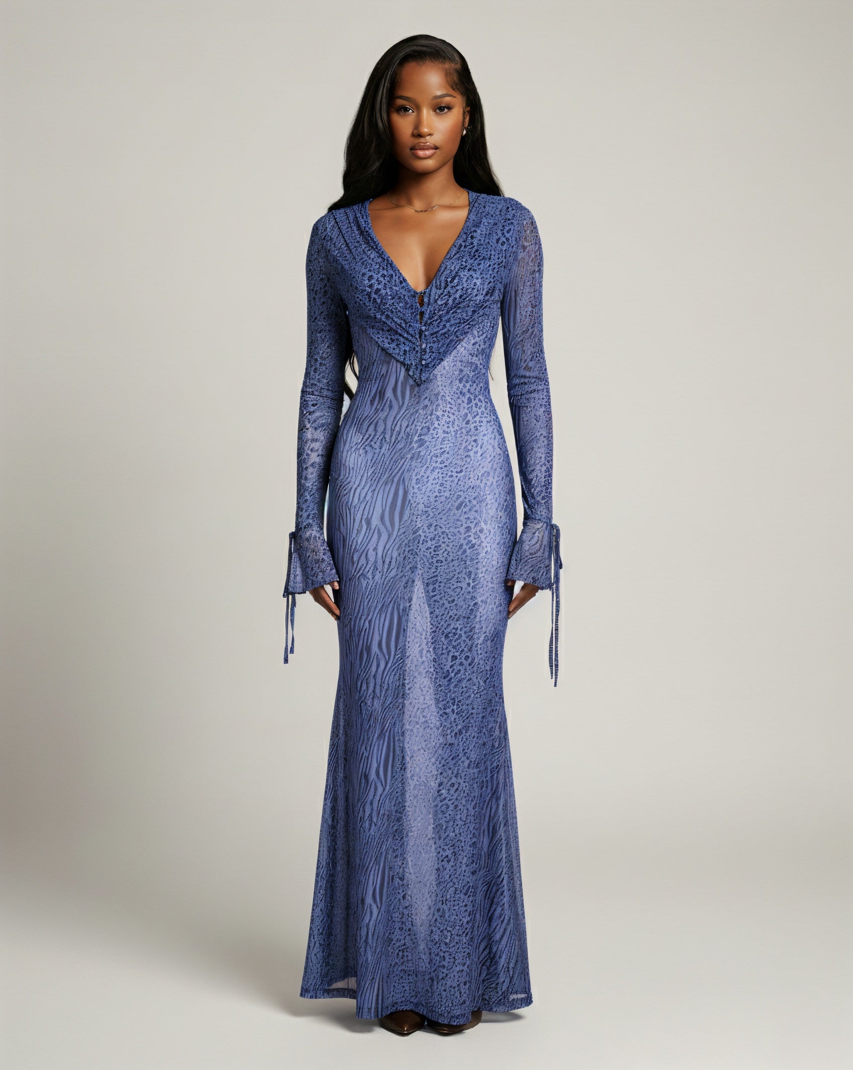 NALYA Draped V-Neck Leopard Mesh Maxi Dress