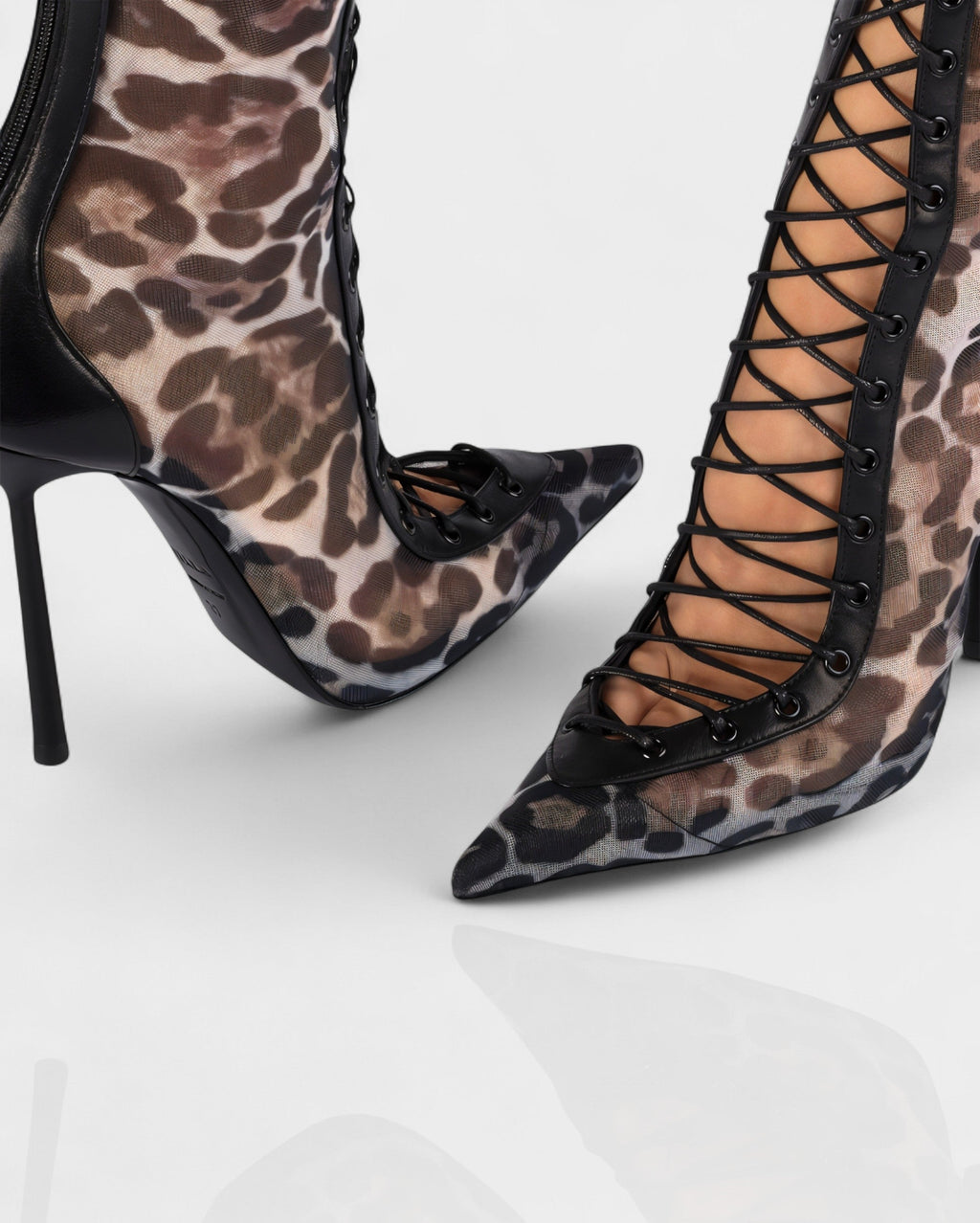 ESCAS Lace-Up Leopard Print Knee-High Stiletto Boots