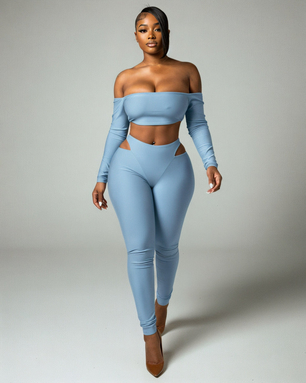 ELOWEN Off-shoulder Long Sleeve Top & Cutout Pants Set