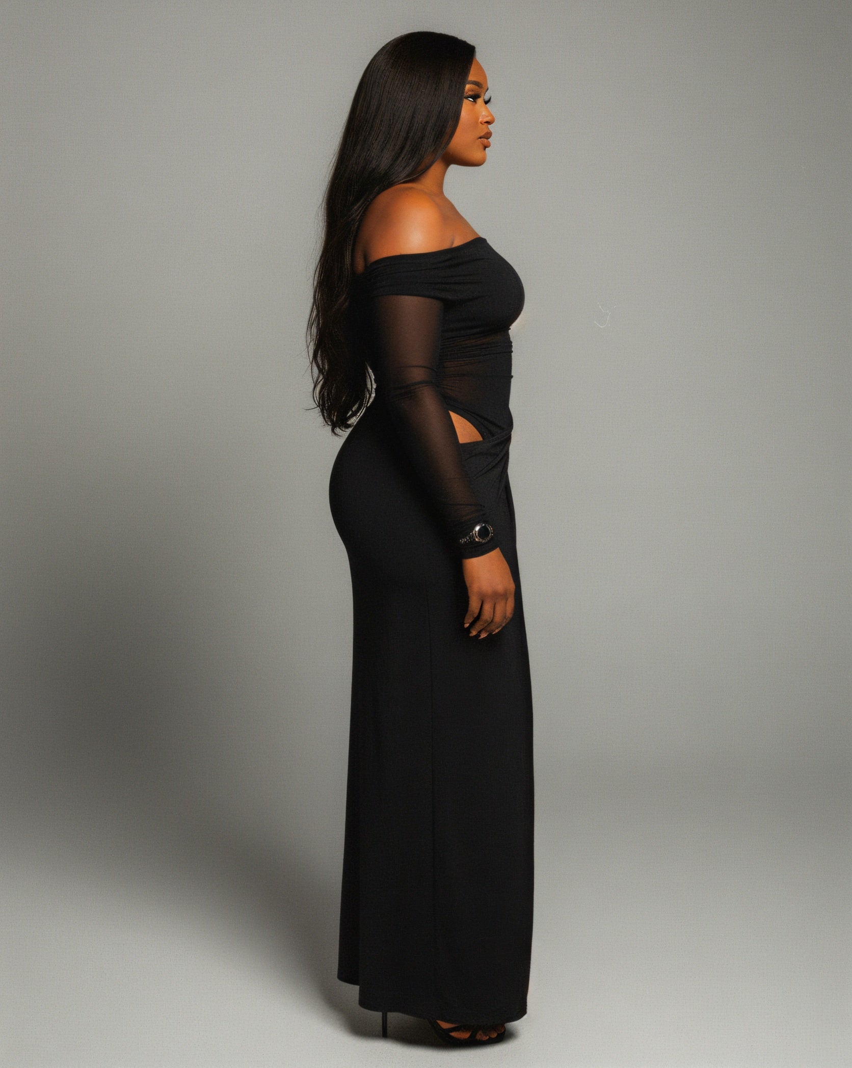 SHAINA Mesh Contrast Draped Maxi Dress