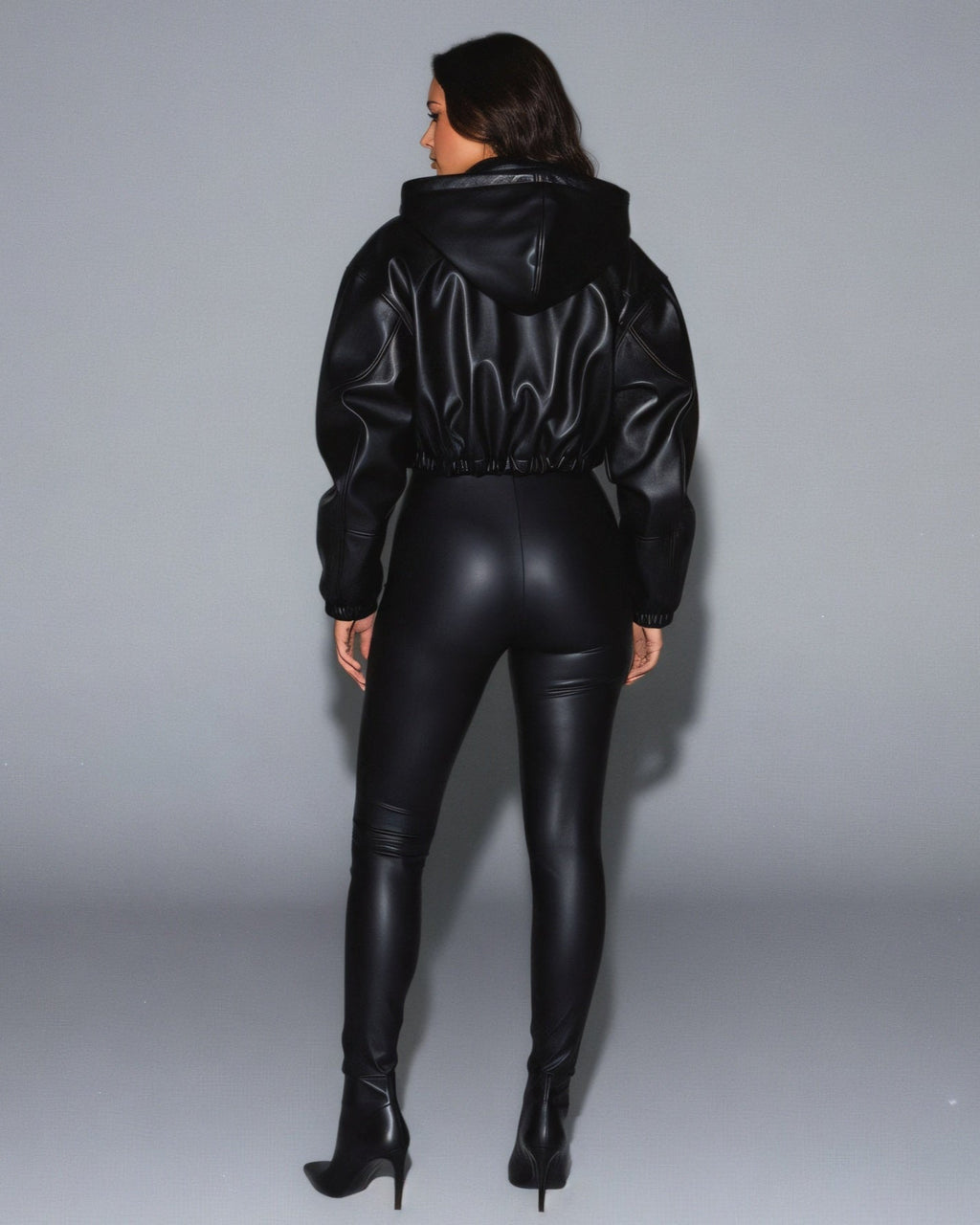 DAYAN Cropped Long Sleeve Faux Leather Jacket